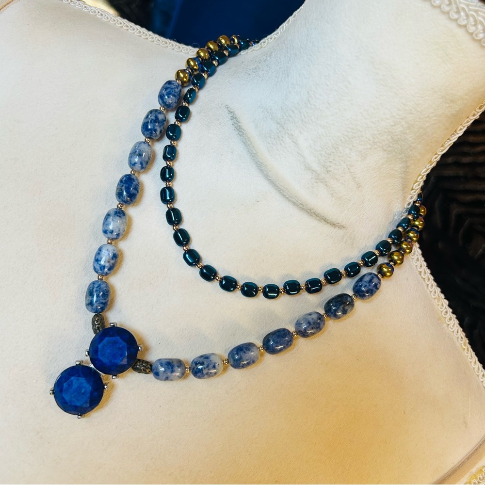 Handcrafted double strand oil slick di-cut glass sodalite barrel necklace
